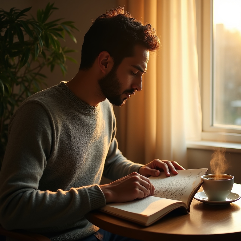 Persoană răsfoind un carnet de notițe dimineața, la o masă din apropierea unei ferestre, cu o cană de cafea alături